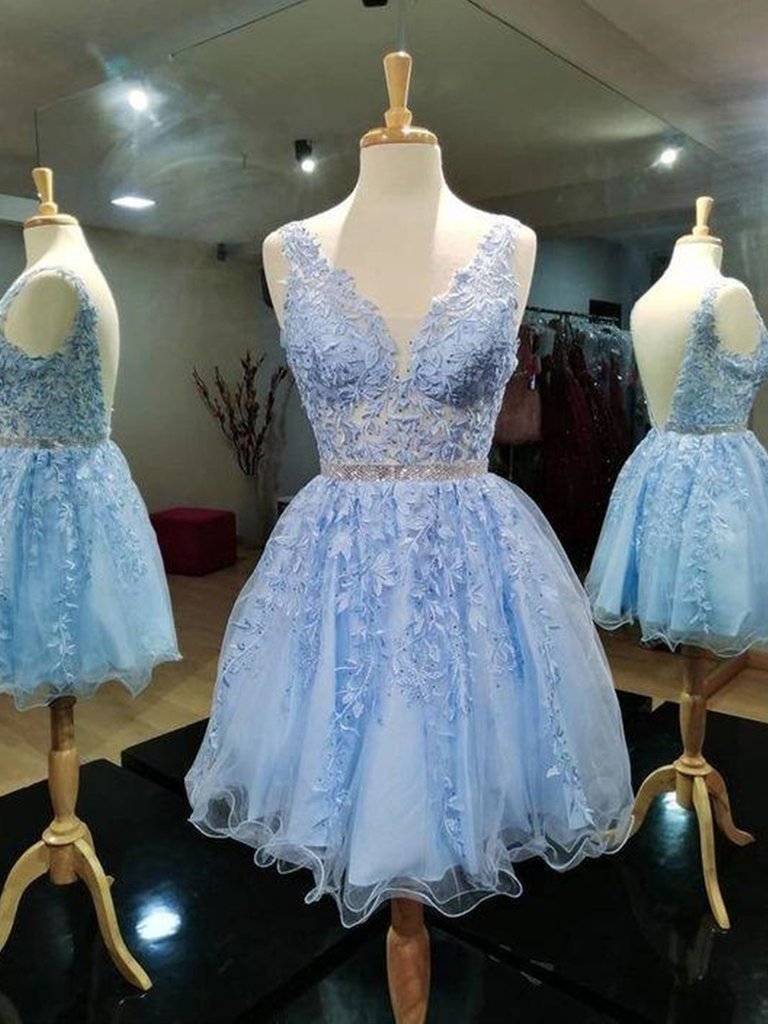 Light Blue Lace Prom Dresses, Backless Light Blue Lace Homecoming Dresses, Short Light Blue Lace Formal Evening Dresses