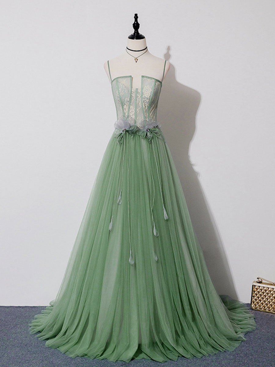 Unique Green Tulle With Lace Long Beautiful Prom Dress, A-line Tulle Formal Dress Party Dress