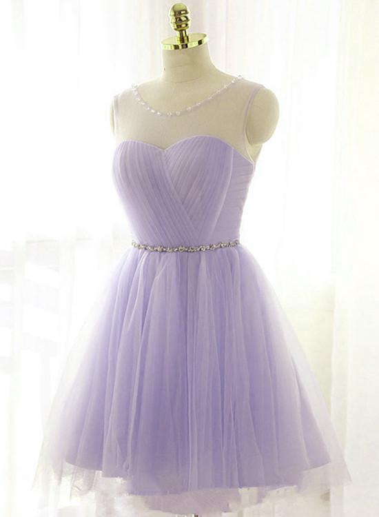 Lovely Short Tulle Beaded Light Purple Homecoming Dress, Round Neckline Party Dress