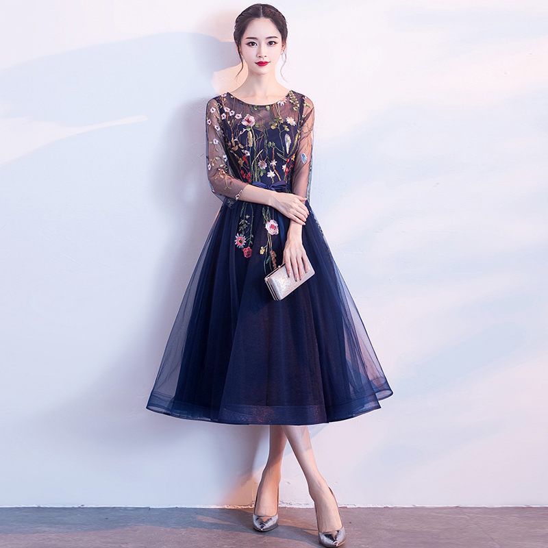 Cute Short Blue Lace Floral Tulle Tea Length Wedding Party Dress, Blue Formal Dress Prom Dress