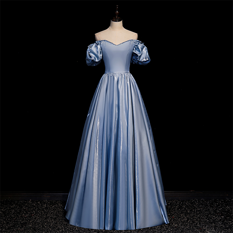 Beautiful Blue Satin Beaded Off Shoulder Long Princess Party Dress Prom Dress, Long Evening Dress