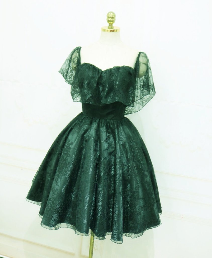 Lovely Green Off Shoulder Lace Knee Length Party Dress, Green Homecoming Dress