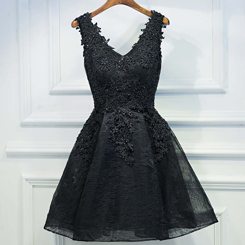 Black High Low Lace V-neckline Short Homecoming Dress, Black Prom Dress Party Dress