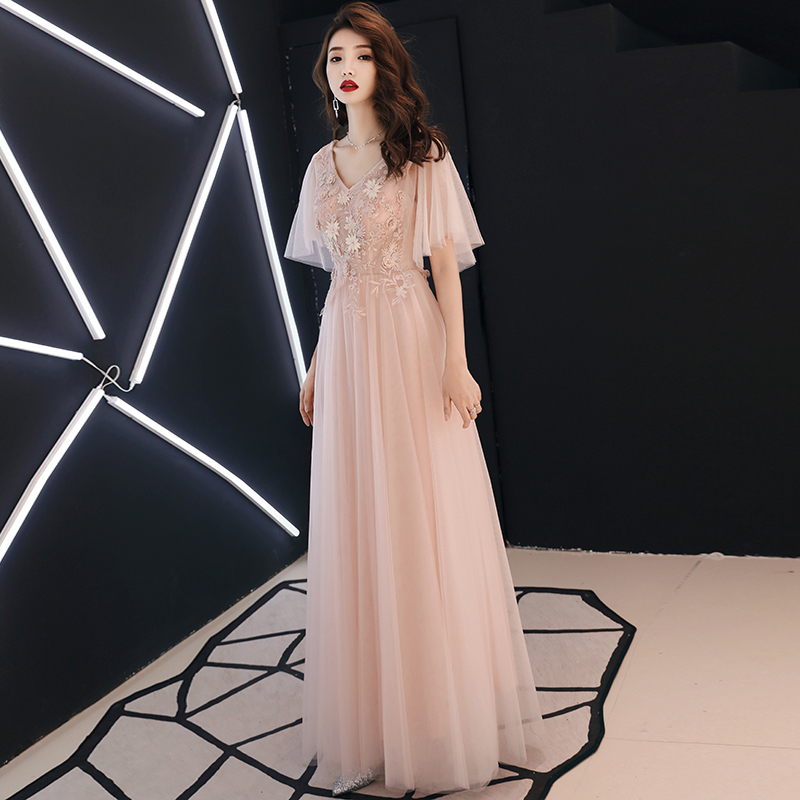 Pink V-neckline Flower Lace Applique Tulle Long Party Dress, A-line Formal Dress