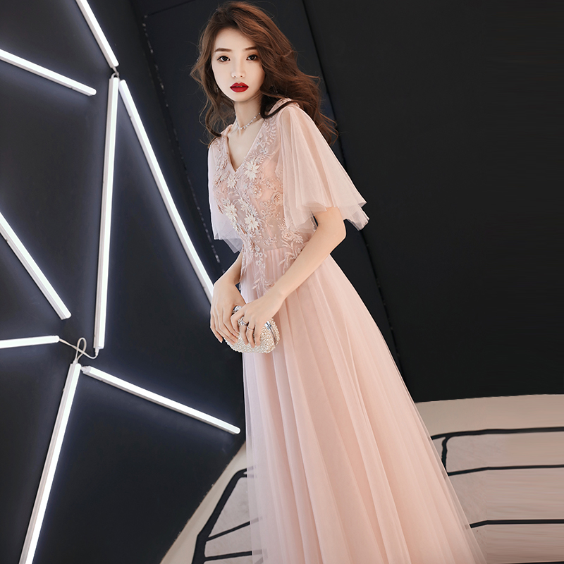 Pink Tulle V-neckline Lace Applique Floor Length Party Dress, Pink Prom Dress 2021
