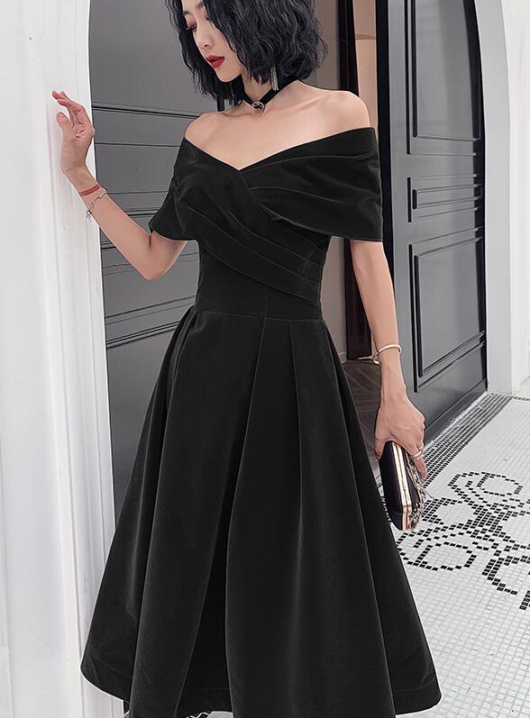 Black Off Shoulder Velvet Tea Length Bridesmaid Dress, Short Black Party Dress
