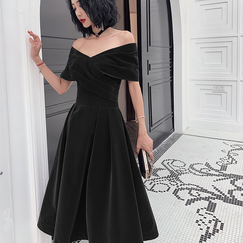 Black Off Shoulder Velvet Tea Length Bridesmaid Dress, Short Black Party  Dress on Luulla