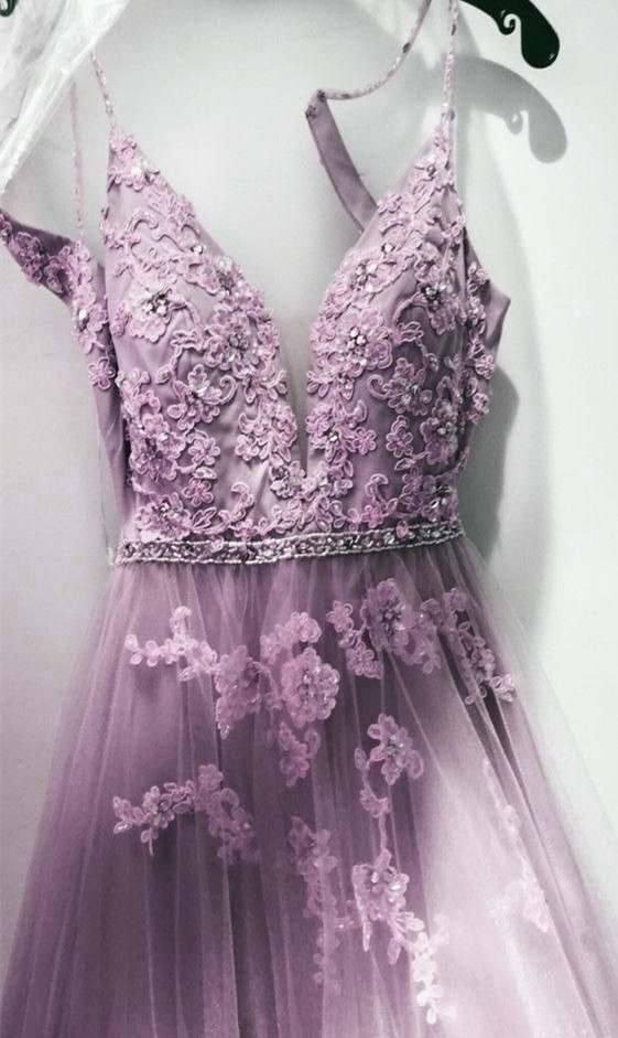 Light Purple Tulle V-neckline Beaed And Lace Applique Party Dress, Long Formal Dress Prom Dress
