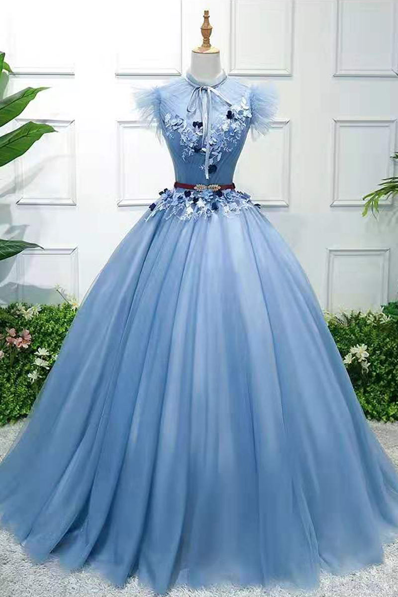 Blue High Neckline Backless Ball Gown Party Dress, Blue Sweet 16 Dresses