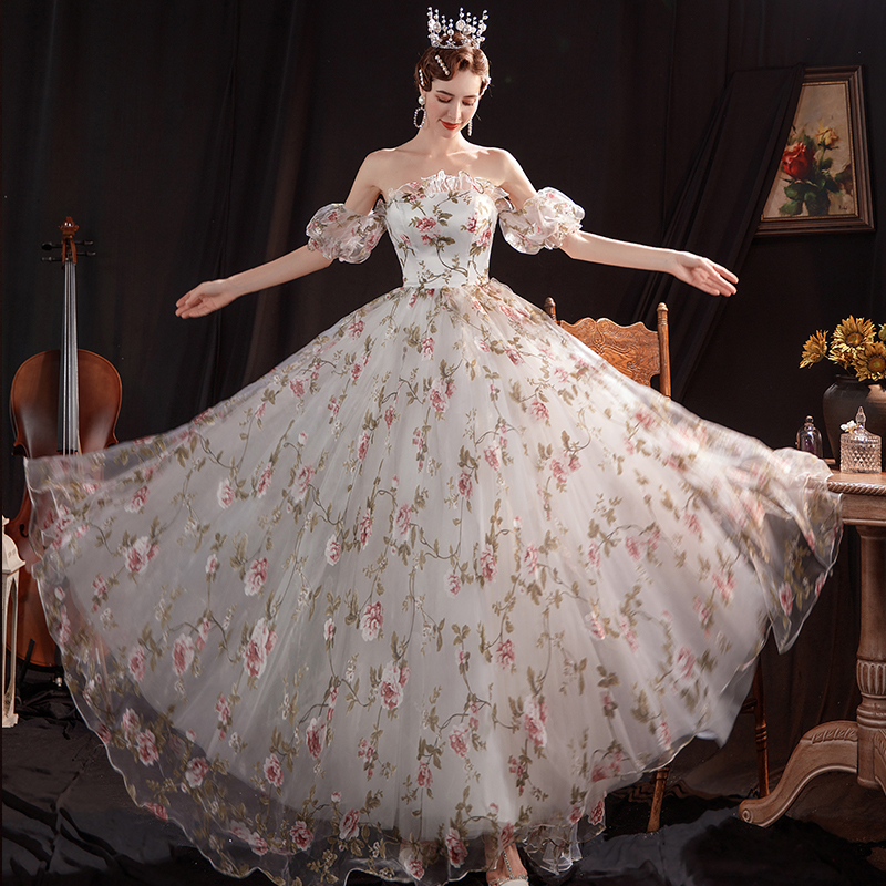 Lovely White Floral Off Shoulder Long Evening Dress Party Dress, A-line Floral Lace Prom Dresses
