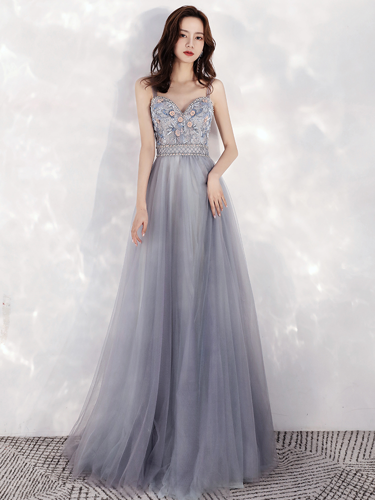 Charming Sweetheart Blue-grey Tulle Beaded Long Party Dress, Straps A-line Prom Dress