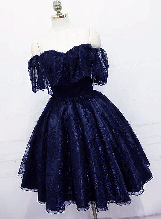 Lovely Blue Lace Short Prom Dress Homecoming Dress, Off Shoulder Formal Dresses