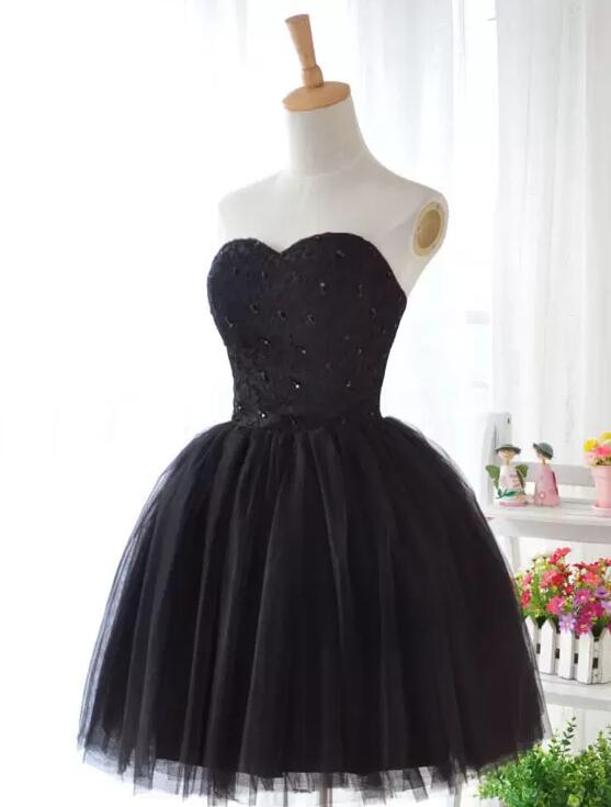 Lovely Black Tulle Beaded Sweetheart Homecoming Dress, Black Tulle Short Prom Dress