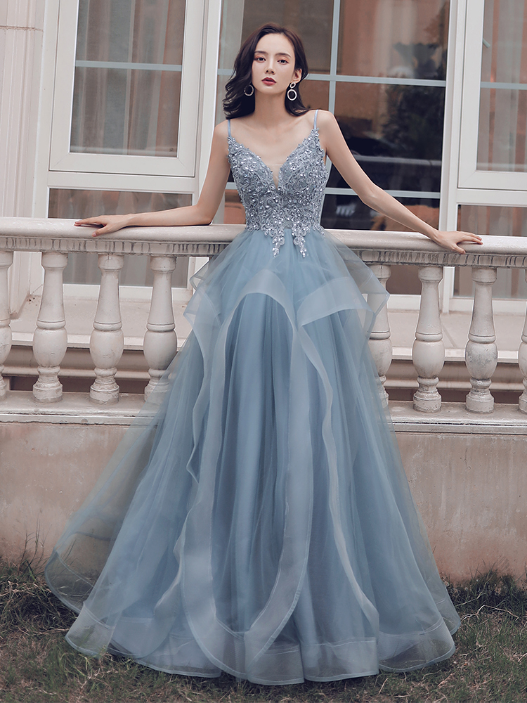Light Blue Tulle V-neckline Lace Applique Straps Layers Skirt Long Prom Dress, Blue Wedding Party Dress