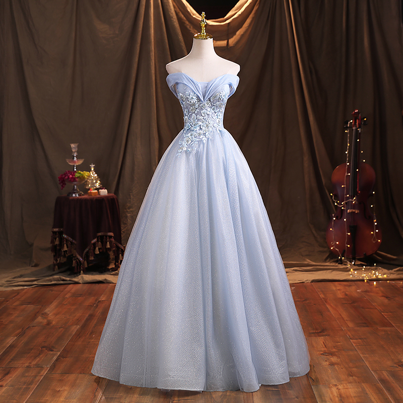 Lovely Sweetheart Lace Applique Shiny Tulle Long Party Dress, Floor Length Blue Prom Dress