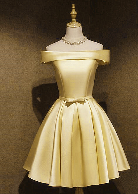 Light Yellow Off Shoulder Short Homecoming Dress, Yellow Satin Prom Dress