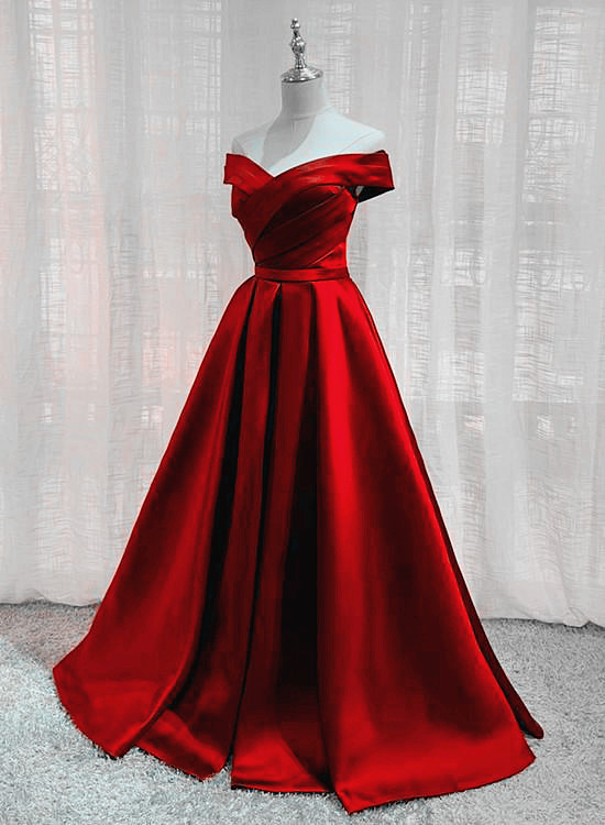Beautiful Red Off Shoulder Satin Long Party Dress, A-line Prom Dress Evening Dresses
