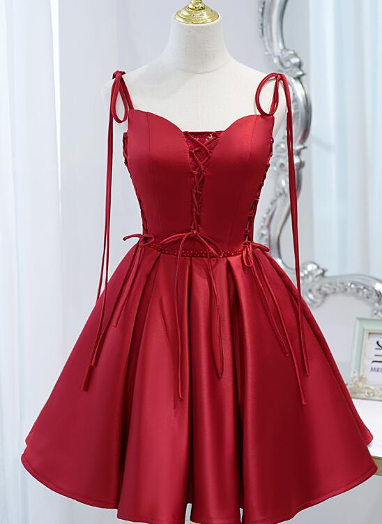 Lovely Wine Red Satin V-Neckline Straps Beaded Short Prom Dress, Dark Red Party Dresses