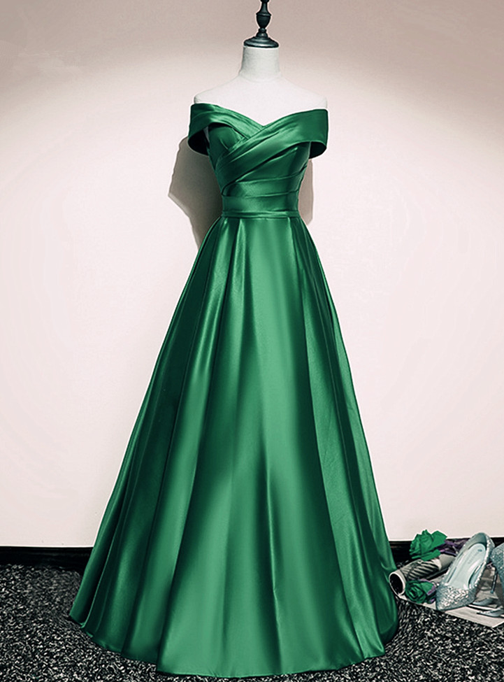 A-line Simple Green Satin Prom Dress Evening Dress, Floor Length Formal Dresses
