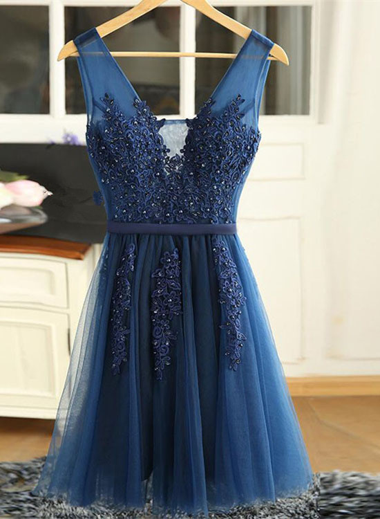 Lovely Blue Lace V-neckline Tulle Party Dress, Short Prom Dress Homecoming Dressess