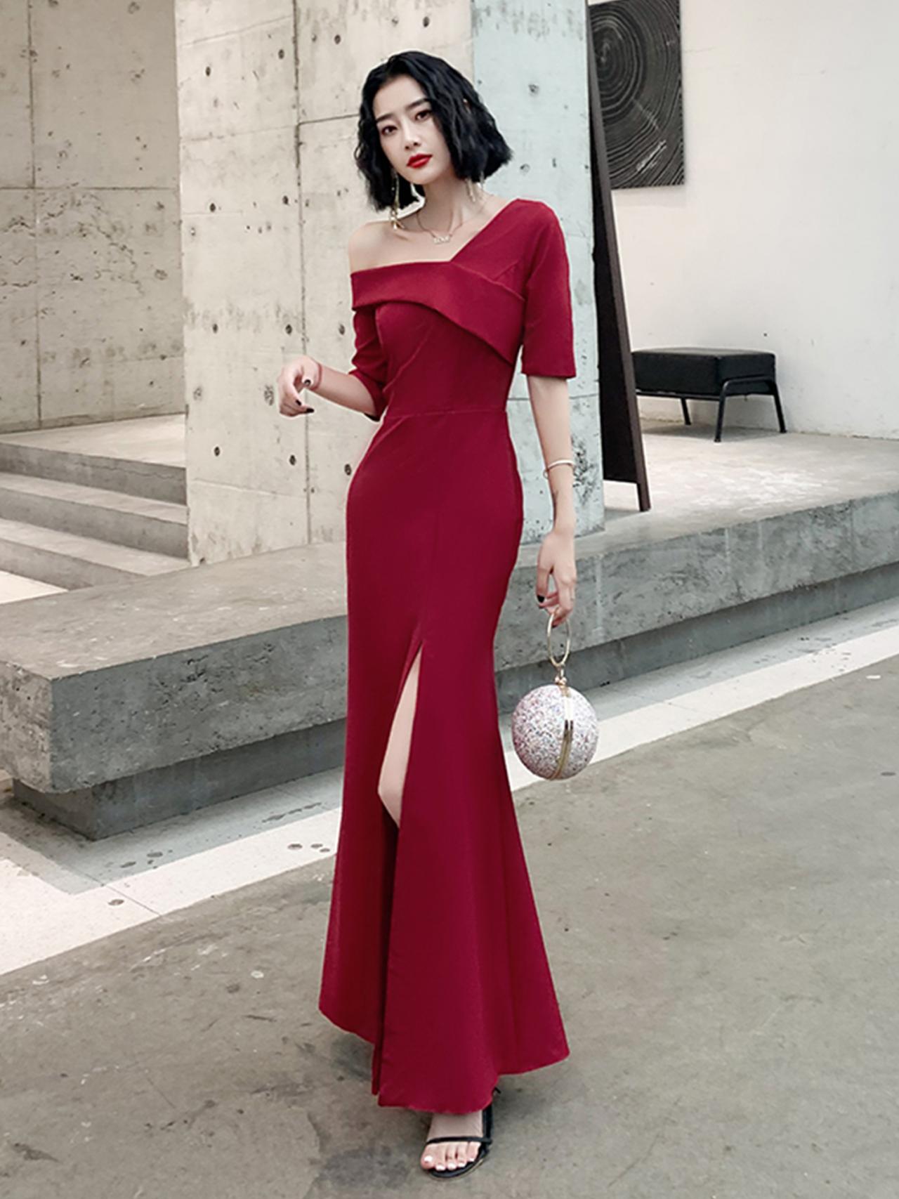 Wine Red Off Shoulder Long Party Dress Evening Dress, Wine Red Bridesmaid Dresses