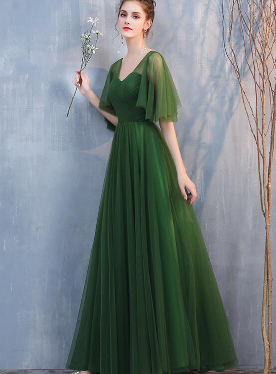 Dark Green Tulle A-line Long Formal Dresses Evening Dress, Green Floor Length Bridesmaid Dresses