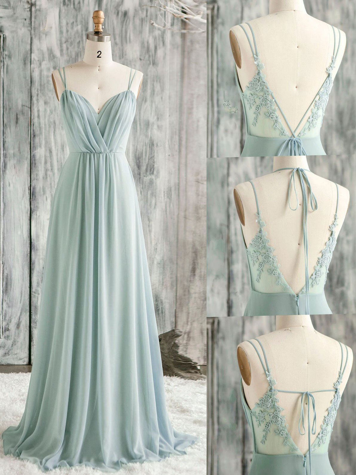 Beautiful Mint Chiffon Low Lace Back Straps Wedding Party Dress, A-line Floor Length Formal Dresses
