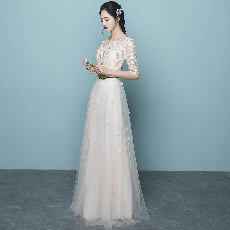 Elegant Short Sleeves Lace And Tulle Long Party Dress, A-line Ivory Long Bridesmaid Dresses