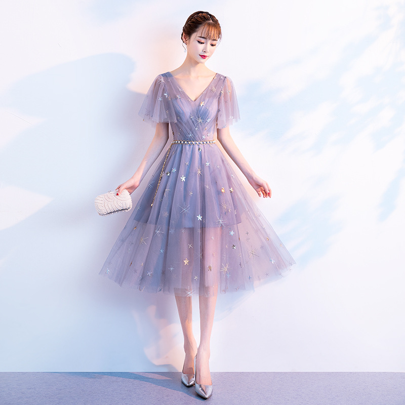 Charming Lovely Grey-blue Short Cute Tulle V-neckline Party Dress, Short Prom Dresses Homecoming Dresses
