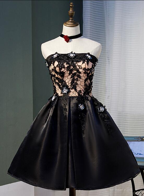 Cute Black Satin with Lace Knee Length Prom Dress Homecoming Dress, Black Short Dress