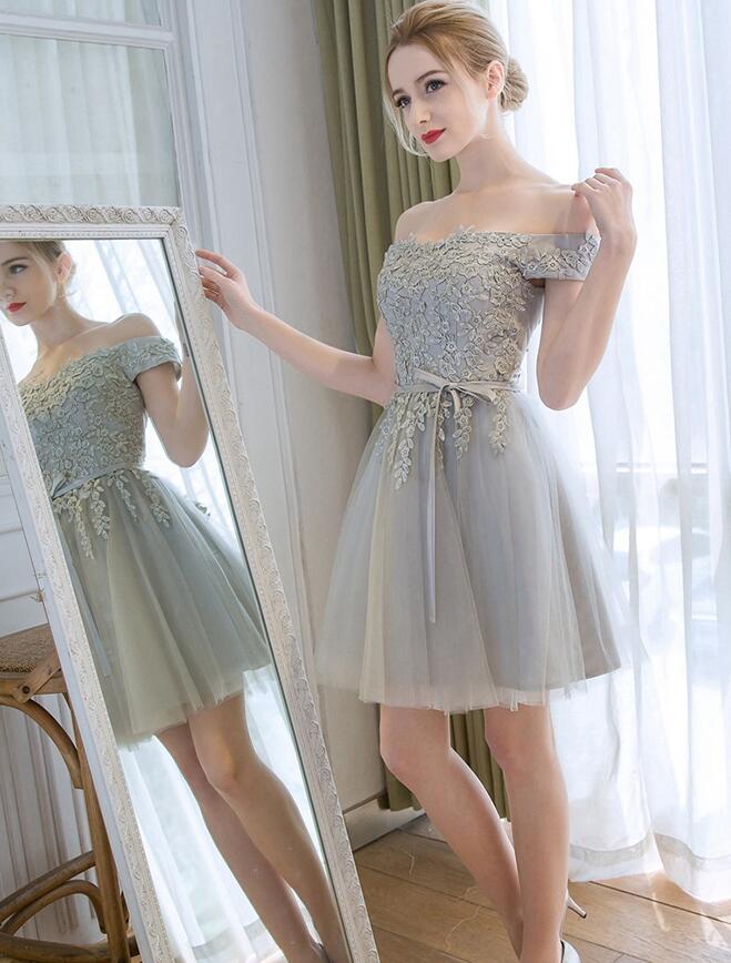 Cute Grey Lace Applique Sweetheart Short Formal Dresses, Grey Homecoming Dresses
