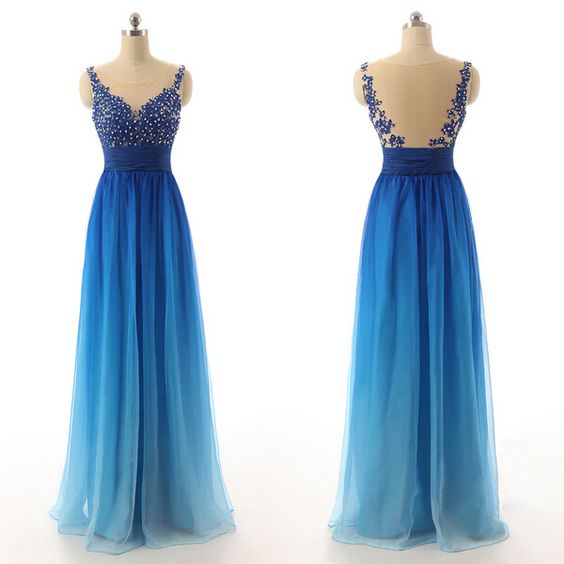 Charming Gradient Blue Chiffon Long Junior Prom Dresses, Blue Long Party Dresses