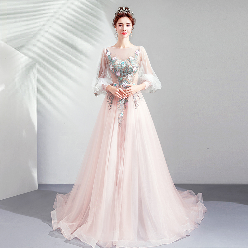 Lovely Light Pink Tulle Puffy Sleeves Floor Length Party Dress, Pink A-line Pricess Gowns Prom Dress