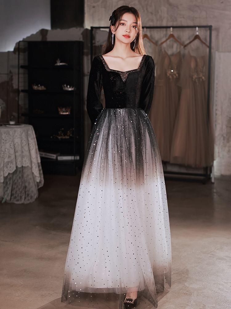 Black Velvet And Gradient Tulle Long Sleeves Party Dresses, Beautiful Formal Dress Eveniing Dress