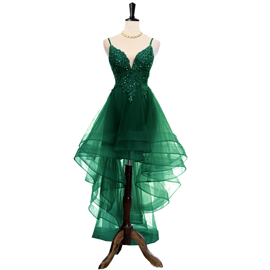 Charming Dark Green V-necklione High Low Party Dress, Straps Layers Lace Applique Formal Dresses