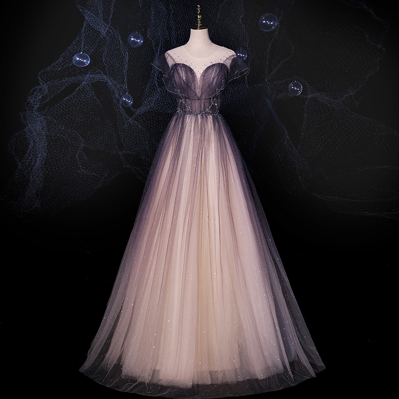 Beautiful Gradient Long A-Line Tulle Party Dresses, Lovely Round Neckline Beaded Prom Dresses