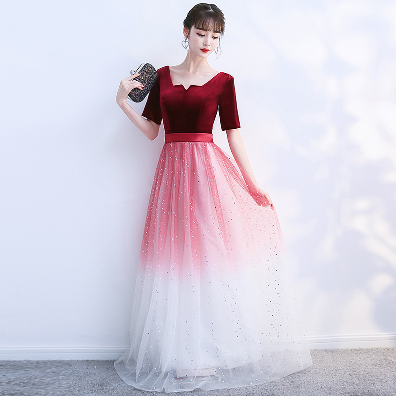 Red Gradient Tulle With Velvet Top Short Sleeves Bridesmaid Dresses, A-line Long Evening Dress Formal Dress