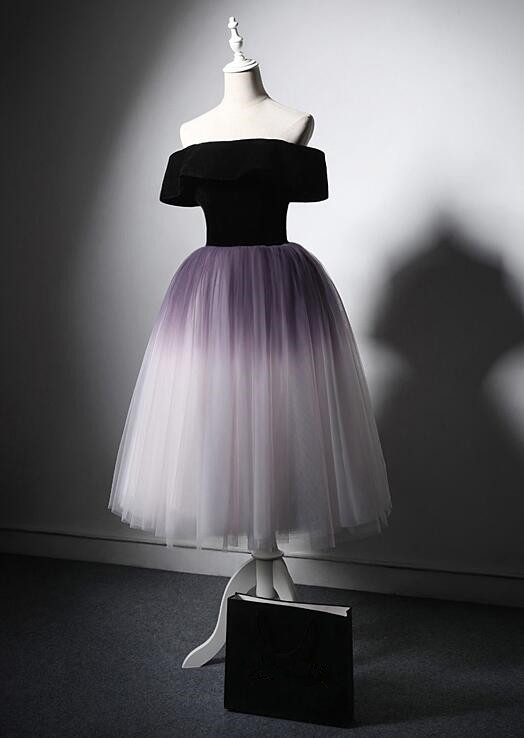 Off Shoulder Gradient Short Tulle Party Dress, Cute Knee Length Gradient Formal Dresses