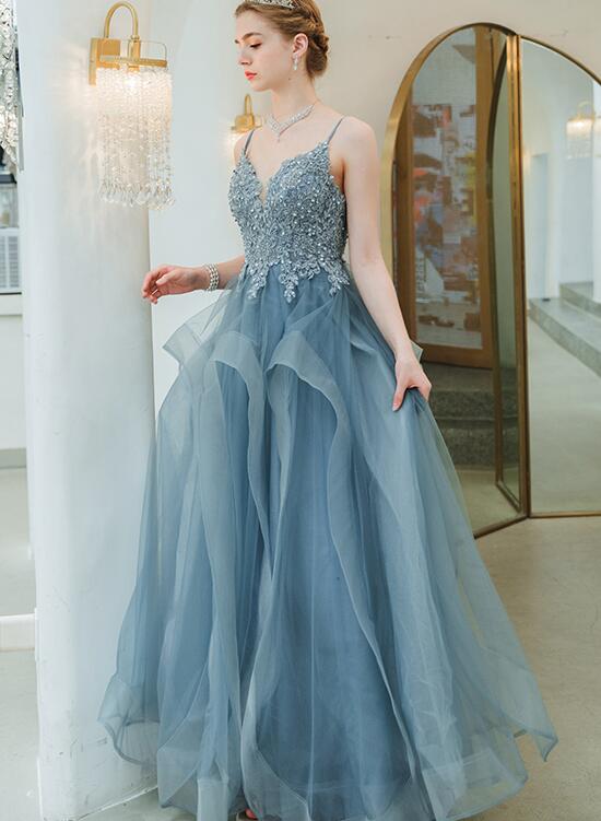 Blue Straps V-neckline Lace Applique Tulle Long Party Dresses, A-line Tulle Evening Dress Prom Dresses