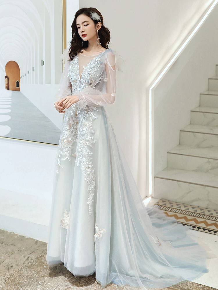 Elegant Light Blue Tulle Long Sleeves With Lace Applique Party Dress, Light Blue Evening Dress Prom Dress