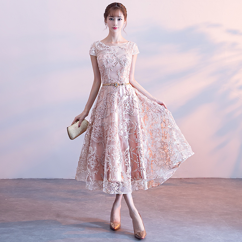 Lovely Lace Tea Length Cap Sleeves Party Dress Bridesmaid Dresses, Cute Short Formal Dresses