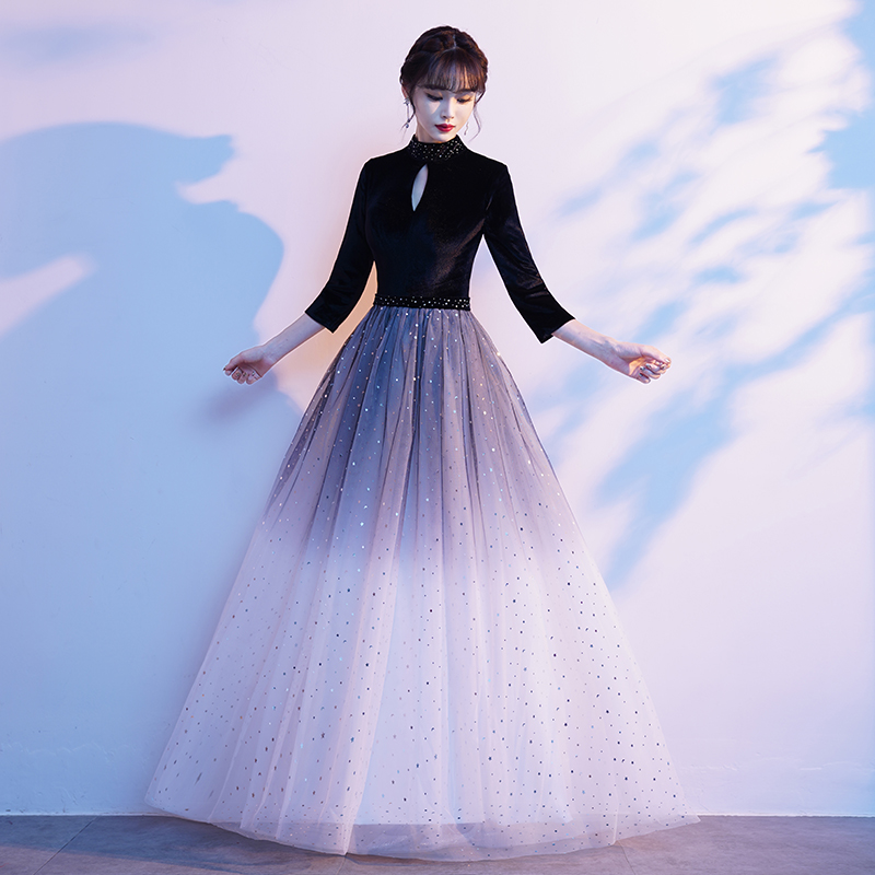 Elegant Black Velvet High Neckline Gradient Tulle Floor Length Party Dress, A-Line Prom Dress Formal Dress