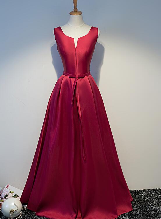 Simple Wine Red Satin Floor Length Lace-Up Long Prom Dresses 2022, Dark Red Evening Dresses