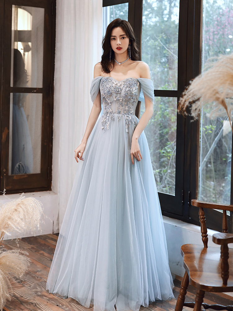Light Blue A-line Tulle Off Shoulder Long Evening Dress With Lace, Blue Party Dress Prom Dress