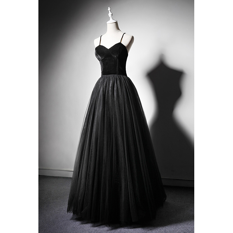 Black Velvet and Tulle Sweetheart Floor Length Party Dresses, Black Evening Dress Prom Dress