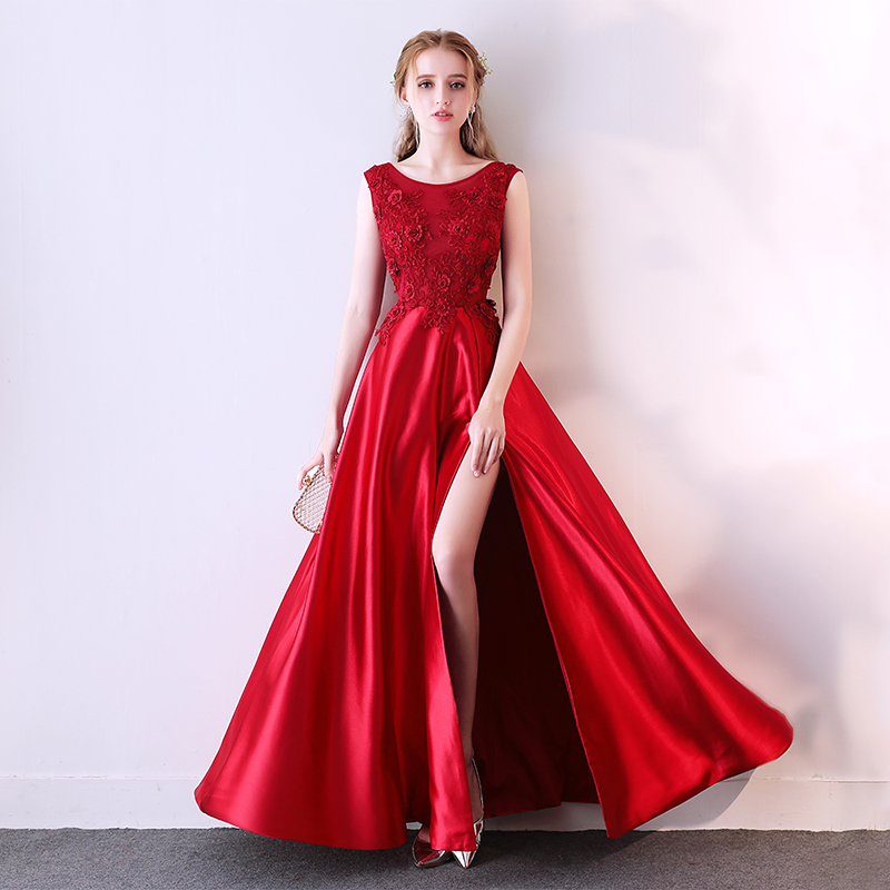 Beautiful Red A-line Satin With Flower Lace Long Party Dress, Red Evening Dress Formal Dress