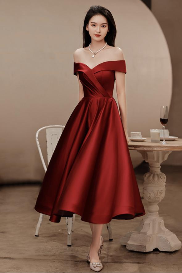 Elegant Dark Red Satin Tea Length Bridesmaid Dress, Wine Red Short Prom Dresses