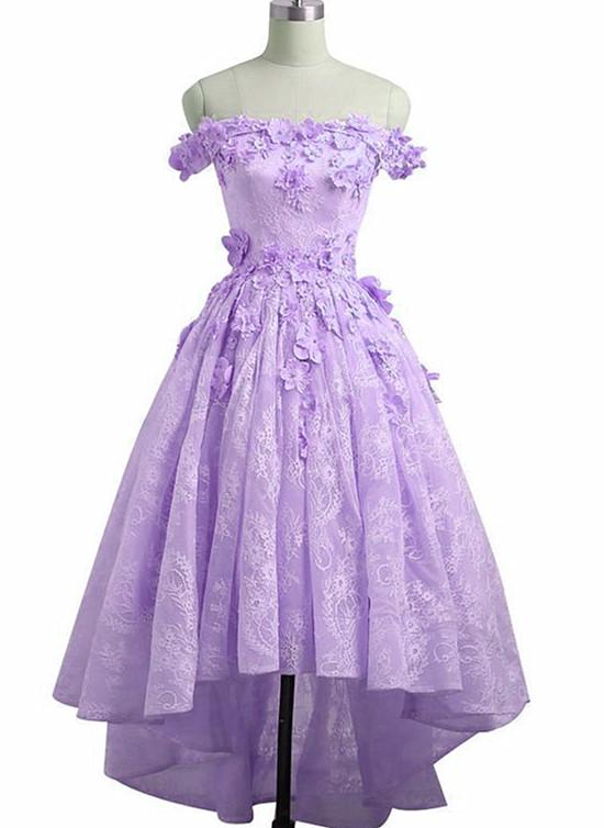 Beautiful Purple Lace High Low Off Shoulder Party Dress Prom Dress, High Low Homeocming Dresses