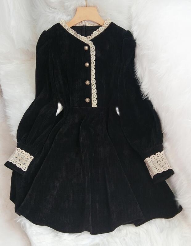 Lovely Black Long Sleeves Women Dress with Lace, Chic Short Women Dresses