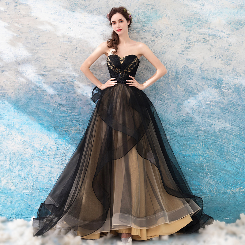Black and Champagne Princess Ball Gown Sweetheart Long Formal Dress, Black Prom Dresses